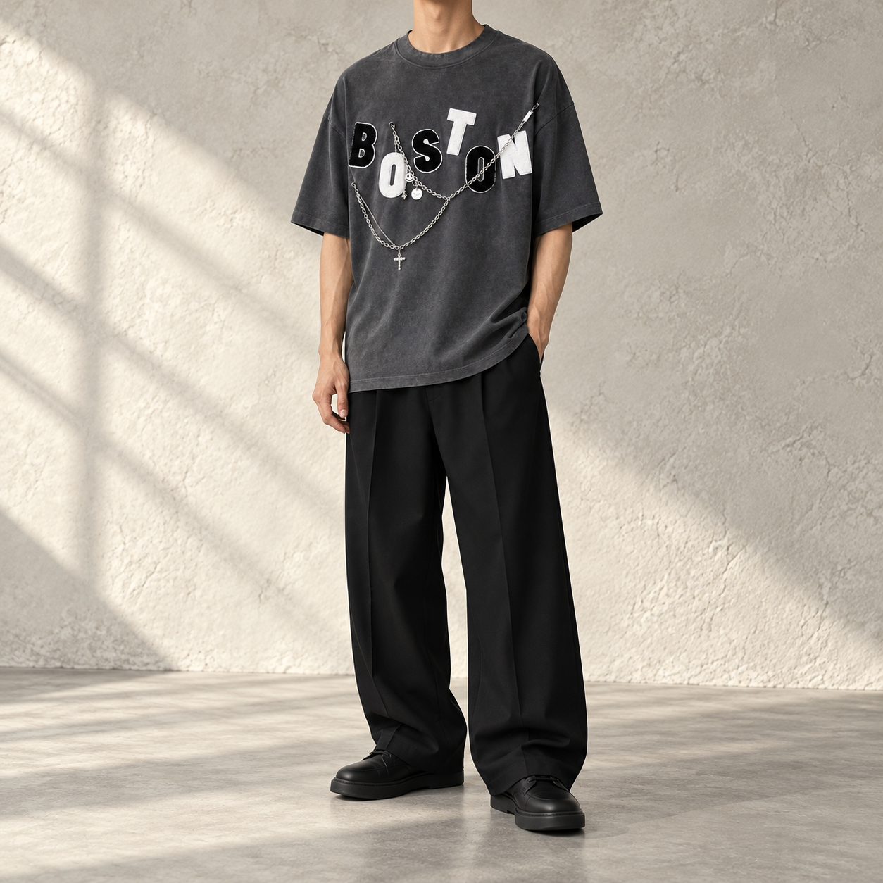 Boston Vintage Washed T-shirt – full outfit on a model