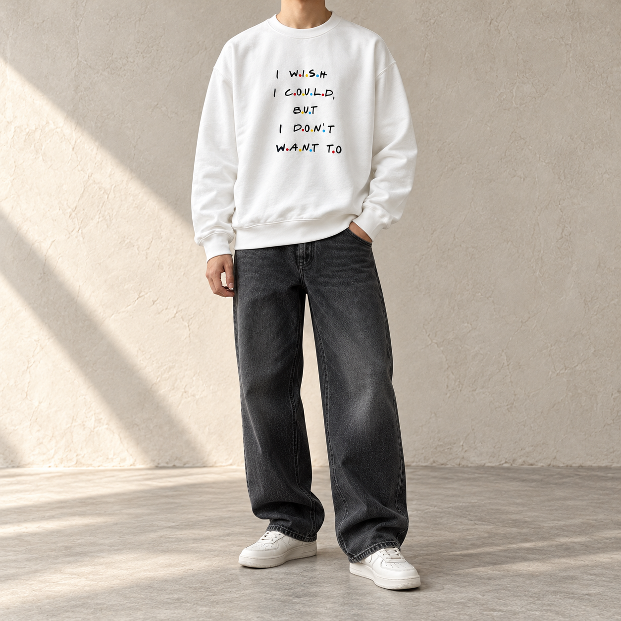 I Wish I Could Slogan Sweatshirt – full outfit on a model
