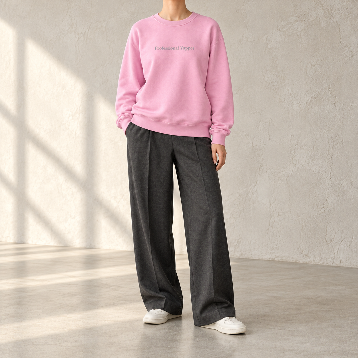Professional Yappers Sweatshirt – full outfit on a model