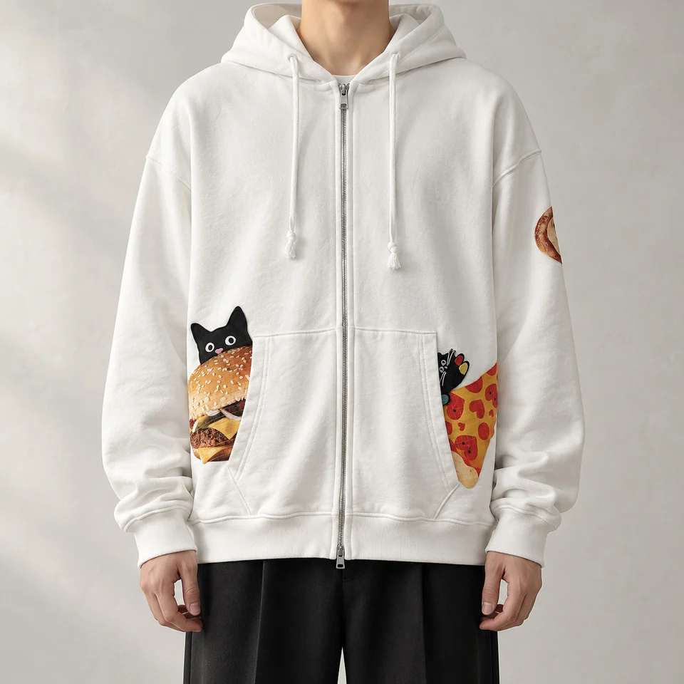 Cat Snack Zip Hoodie worn by a faceless model